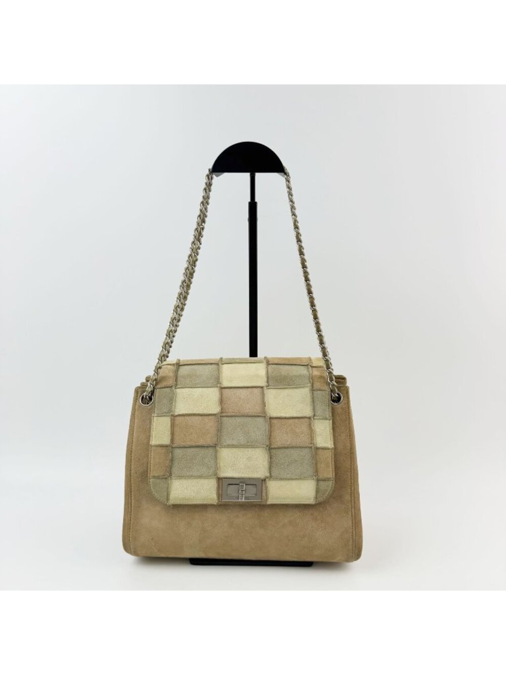 Chanel Patchwork Turnlock 2.55 Chain Shoulder Bag Suede Brown Beige Khaki